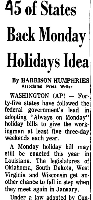 An article about federal holidays, Huntsville Times newspaper article 3 July 1970