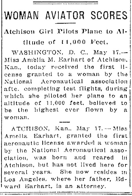 An article about Amelia Earhart, Oregonian newspaper article 18 May 1923