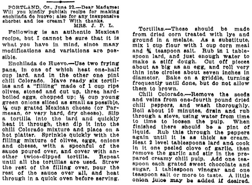 An enchilada recipe, Oregonian newspaper article 6 July 1919