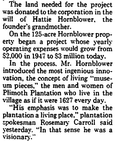 An article about Plimoth Plantation, Patriot Ledger newspaper article 22 October 1985
