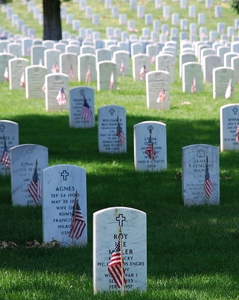 Photo: graves decorated with flags at Arlington National Cemetery on Memorial Day, 2008