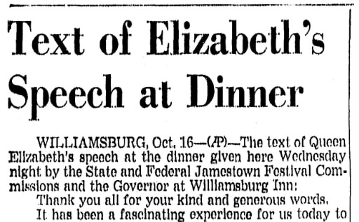 An article about a speech given by Queen Elizabeth II at the Jamestown celebration, Richmond Times Dispatch newspaper article 17 October 1957
