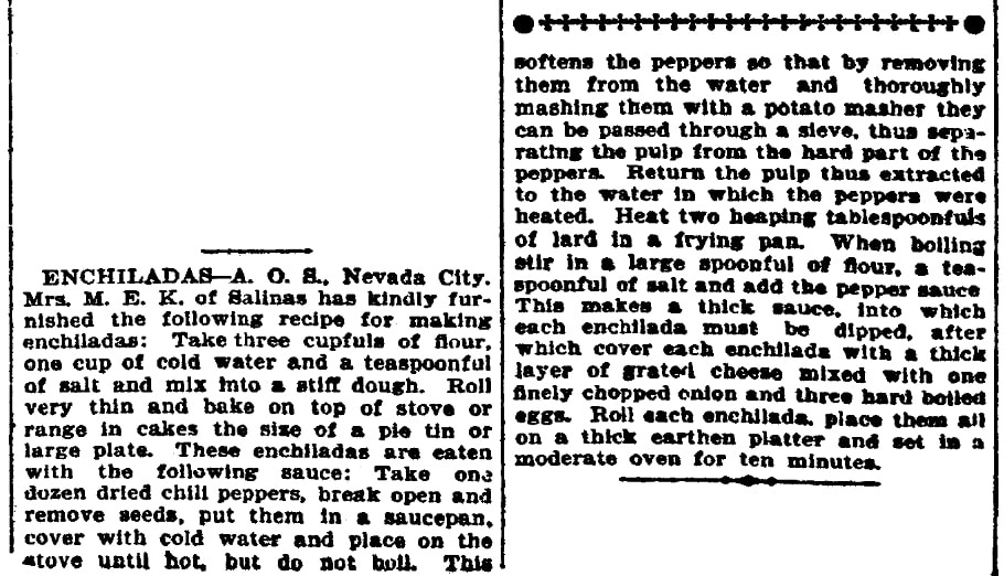 An enchilada recipe, San Francisco Call Bulletin newspaper article 18 November 1901
