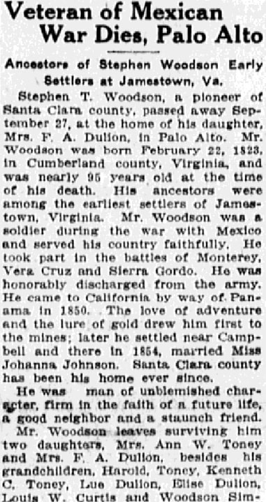 An obituary for Stephen Woodson, San Jose Mercury News newspaper article 30 September 1917