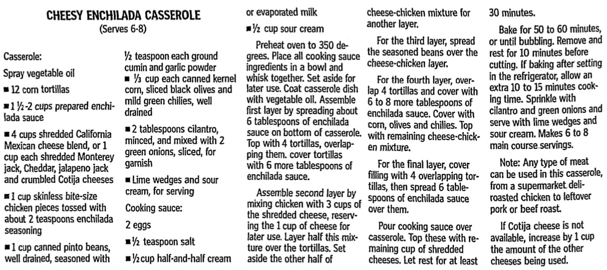 An enchilada recipe, Staten Island Advance newspaper article 5 May 2004