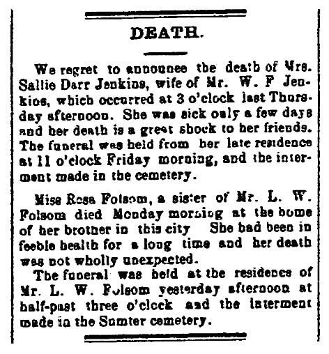 Obituaries, Watchman and Southron newspaper article 26 December 1900