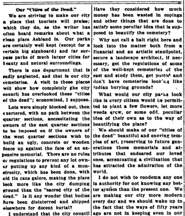 An article about cemeteries, Ashland Daily Tidings newspaper article 17 November 1913