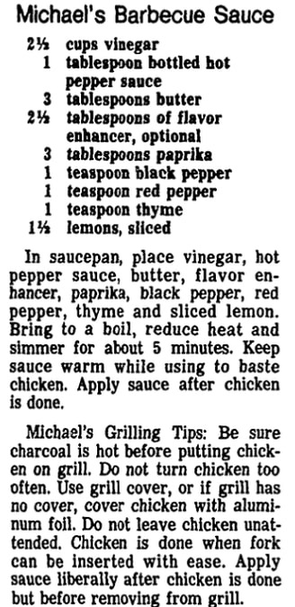 A recipe for barbecue sauce, Atlanta Journal newspaper article 2 July 1986