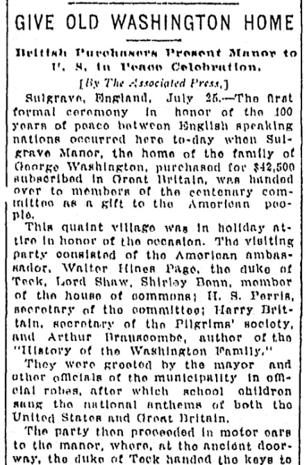 An article about Sulgrave Manor, Chicago Daily News newspaper article 25 July 1914