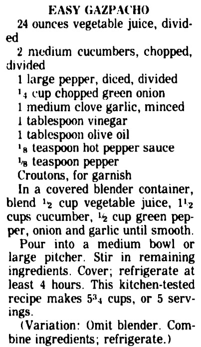 A recipe for gazpacho, Grand Island Independent newspaper article 2 July 1989