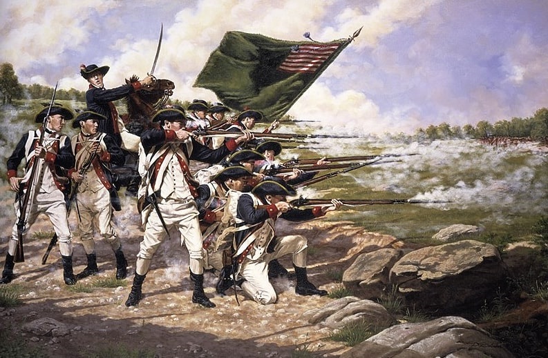 Illustration: the Delaware Regiment at the Battle of Long Island, 27 August 1776, by Domenick D’Andrea. Credit: Wikimedia Commons.