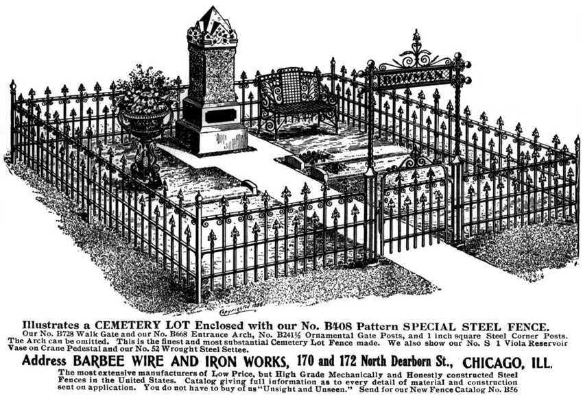Photo: steel fence grave guard advertisement from the Weekly Florists’ Review, 28 March 1912, page 147. Credit: Internet Archive.