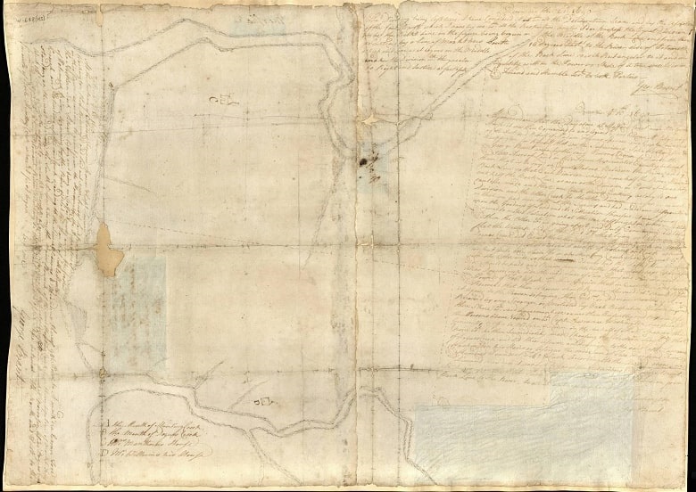 Photo: 1690 Survey of the Spencer-Washington Tract. In 1690, the original land granted by Lord Culpeper was divided equally between the Washington and Spencer families. Lawrence claimed the eastern half of the land bordered by Little Hunting Creek, which would become the core of George Washington’s five farms. Courtesy of Mount Vernon, Mount Vernon, Virginia.