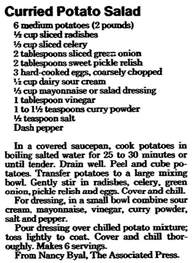 A recipe for curried potato salad, Register Star newspaper article 1 July 1987