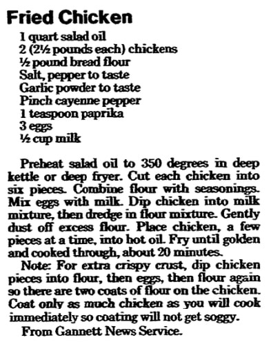 A recipe for fried chicken, Register Star newspaper article 1 July 1987