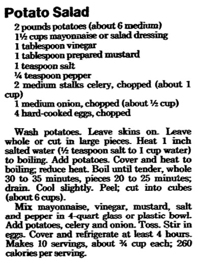 A recipe for potato salad, Register Star newspaper article 1 July 1987