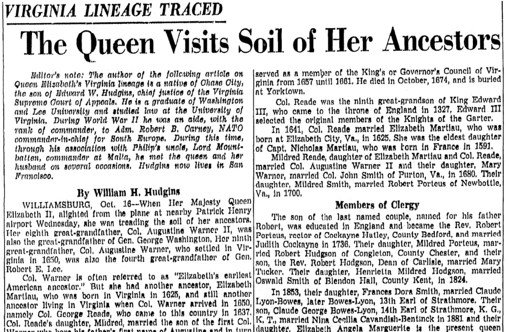 An article about the Virginia lineage of Queen Elizabeth II, Richmond Times Dispatch newspaper article 17 October 1957