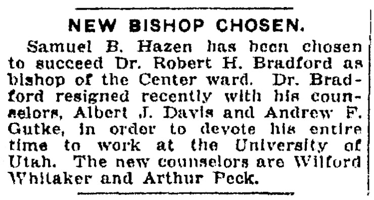 An article about Robert Bradford, Salt Lake Telegram newspaper article 5 April 1916
