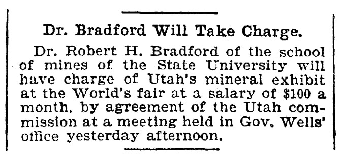 An article about Robert Bradford, Salt Lake Telegram newspaper article 20 May 1904