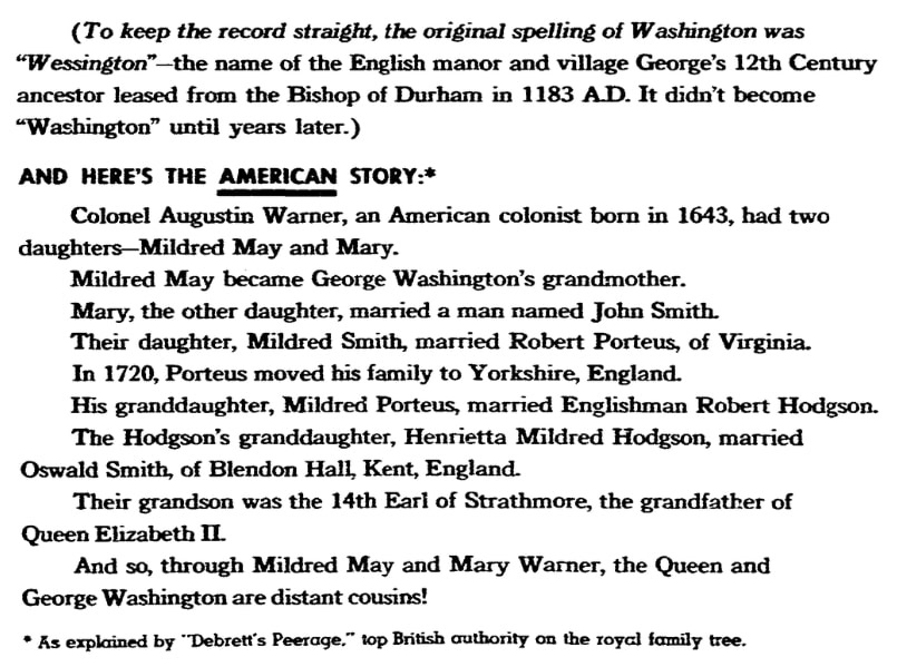 An article about George Washington's ancestry, San Diego Union newspaper article 3 May 1953