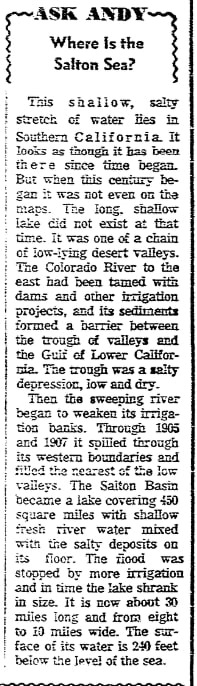 An article about the Salton Sea, San Francisco Chronicle newspaper article 23 October 1967