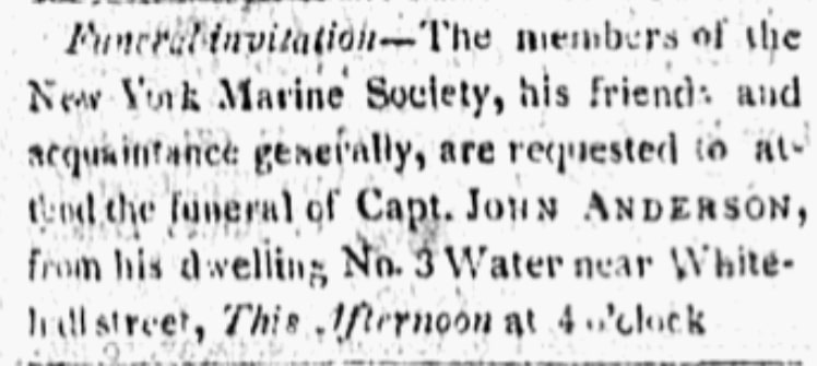 A funeral invitation, American Citizen newspaper article 6 February 1806