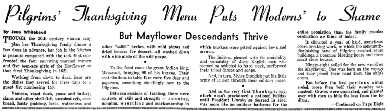 An article about descendants of the Mayflower Pilgrims, Detroit Times newspaper article 18 November 1956