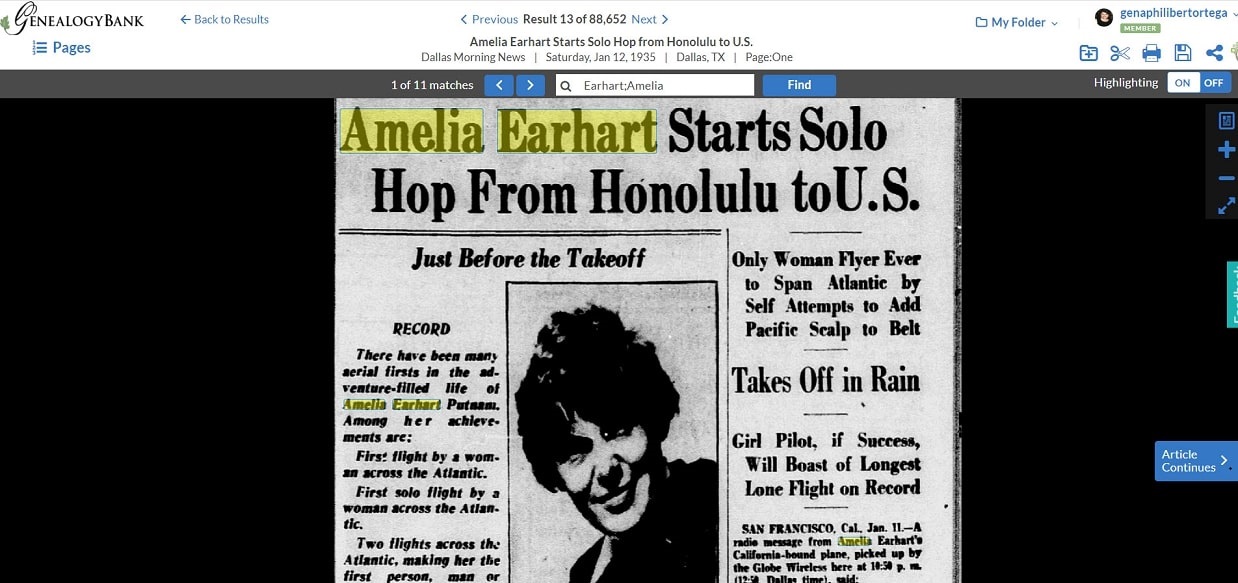 An article about Amelia Earhart, Dallas Morning News newspaper article 12 January 1935