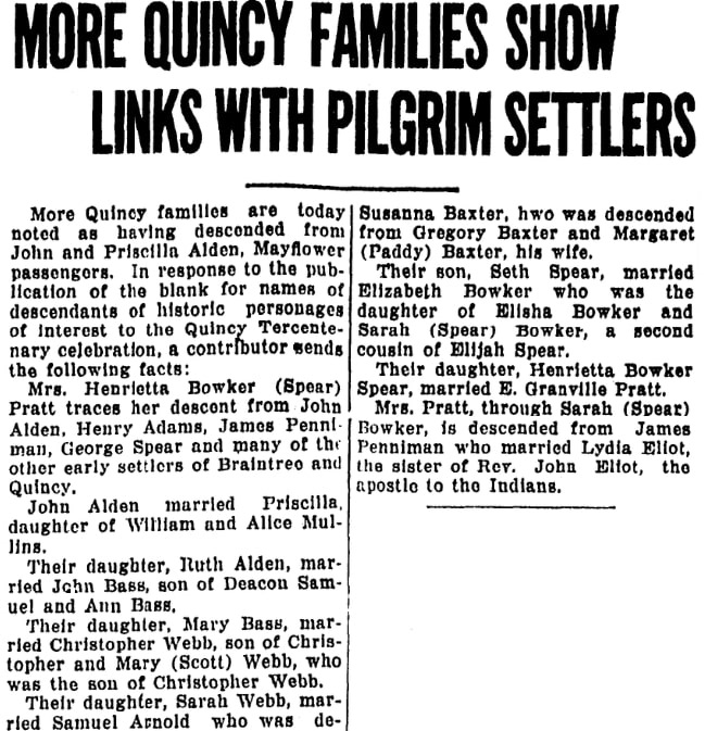An article about the residents of Quincy, Massachusetts, Patriot Ledger newspaper article 9 March 1925