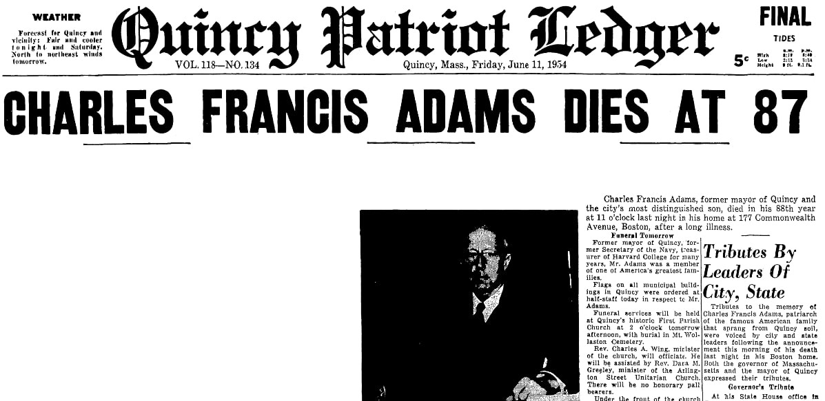 An article about Charles Francis Adams, Patriot Ledger newspaper article 11 June 1954