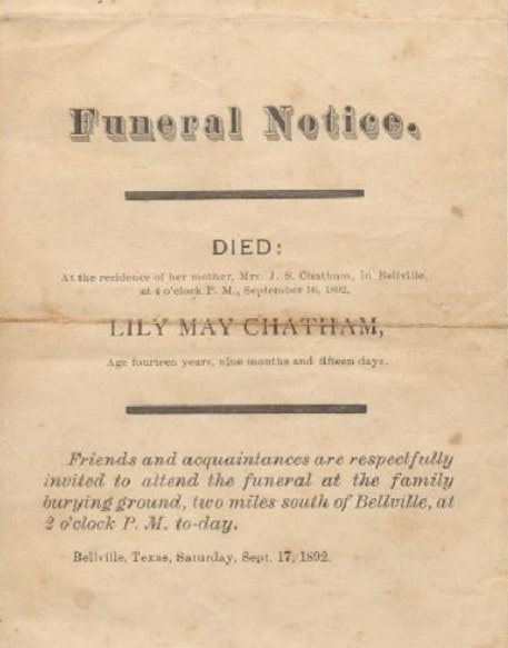 Photo: printed funeral notice for Lily May Chatham, 1892. Credit: Gena Philibert-Ortega.