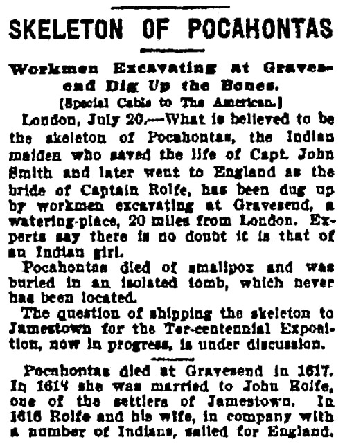 An article about Pocahontas, Baltimore American newspaper article 21 July 1907