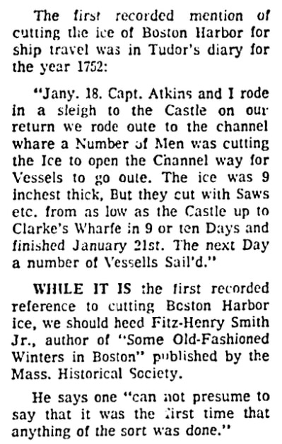 An article about Boston Harbor freezing over, Boston Herald newspaper article 25 October 1970