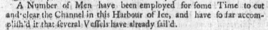 An article about Boston Harbor freezing over, Boston News-Letter newspaper article 23 January 1752