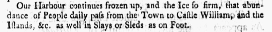 An article about Boston Harbor freezing over, Boston Post-Boy newspaper article 13 January 1752