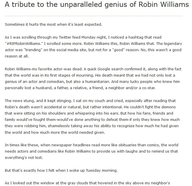 An article about Robin Williams, Daily American newspaper article 13 August 2014