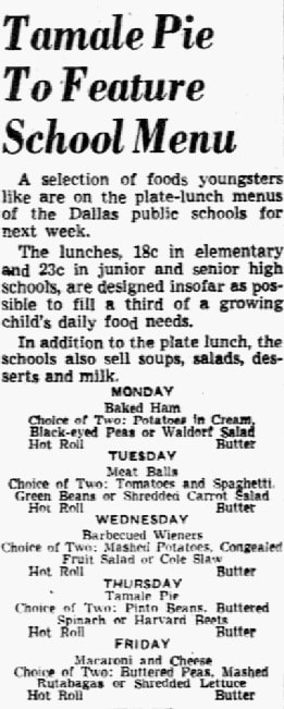 An article about school lunches, Dallas Morning News newspaper article 16 February 1951