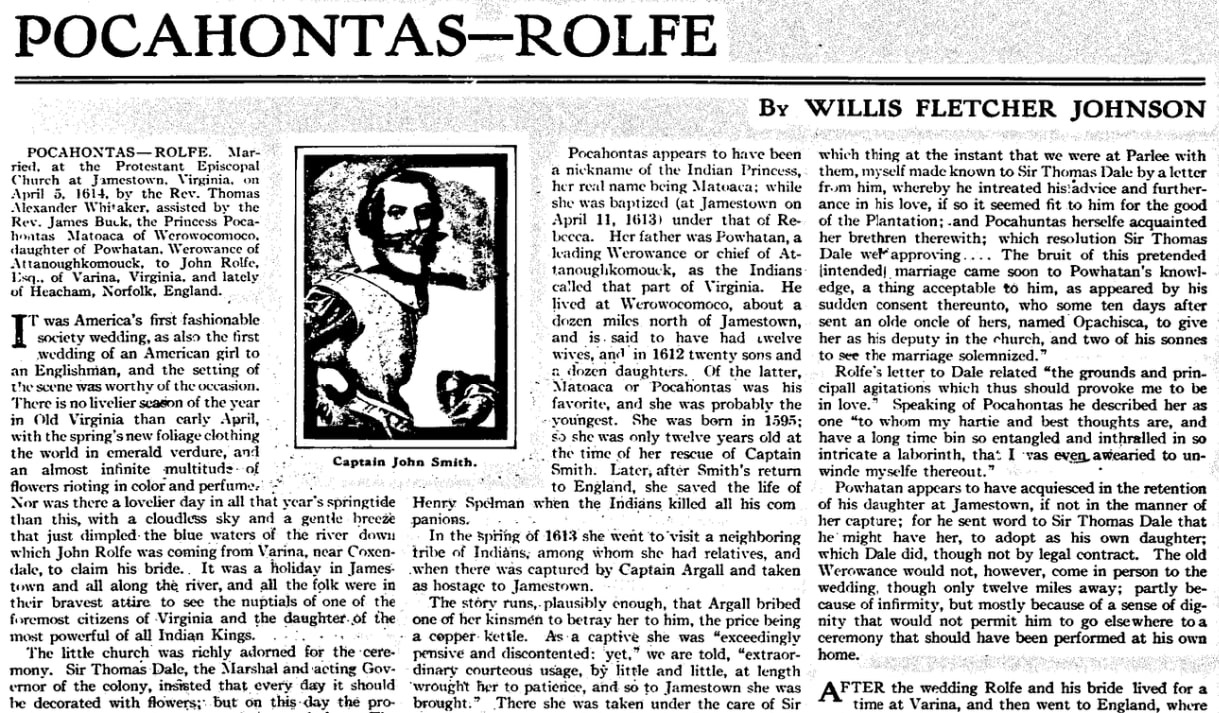 An article about John Rolfe and Pocahontas, Evening Star newspaper article 5 April 1914
