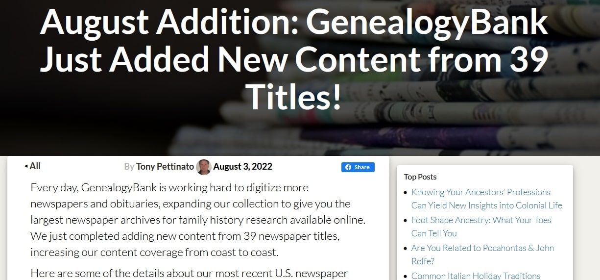 A screenshot of the GenealogyBank Blog showing an article about the August 2022 update