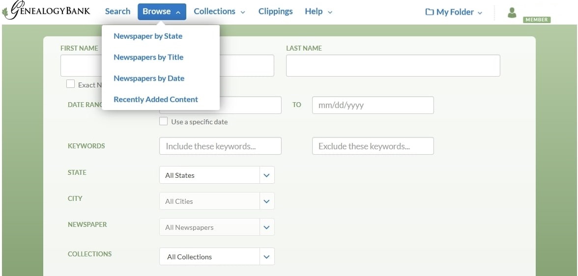 A screenshot of GenealogyBank's homepage showing the Browse feature