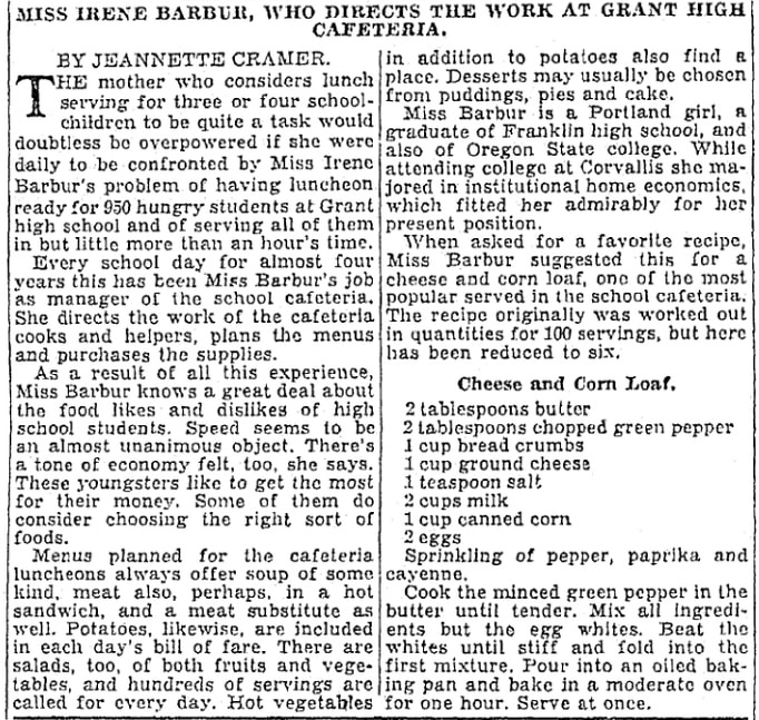 An article about school lunches, Morning Oregonian newspaper article 14 January 1931