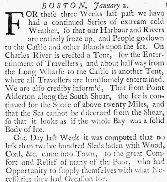 An article about Boston Harbor freezing over, Pennsylvania Gazette newspaper article 19 February 1741