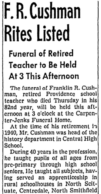 An article about Franklin Cushman, Providence Journal newspaper article 31 May 1952