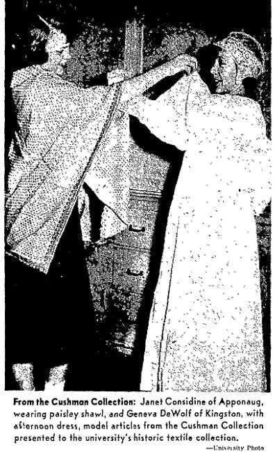 A photo of some of the clothing from the Cushman Collection, Providence Journal newspaper article 28 December 1952