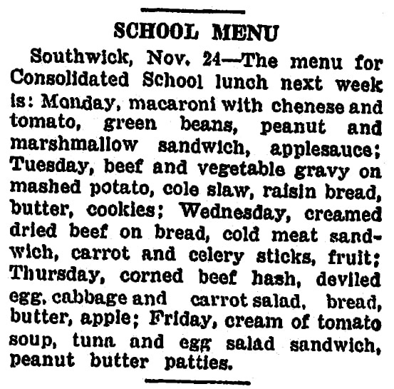 An article about school lunches, Springfield Union newspaper article 25 November 1950