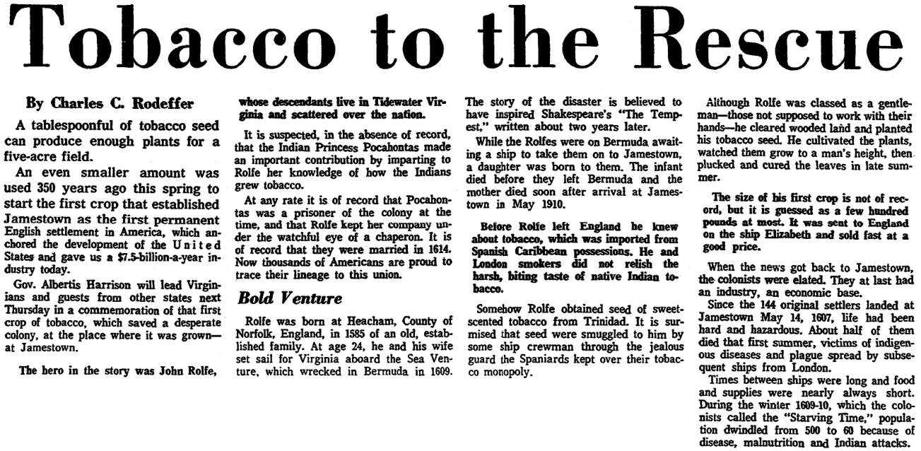 An article about John Rolfe, Jamestown, and tobacco, Virginian-Pilot newspaper article 13 May 1962