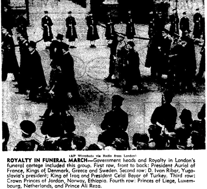 An article about the funeral of King George VI, Boston Herald newspaper article 16 February 1952