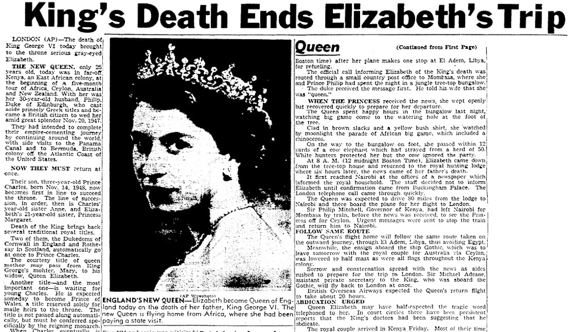 An article about Queen Elizabeth II, Boston Traveler newspaper article 6 February 1952