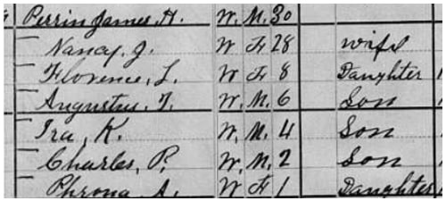 U.S. 1880 census, Grainger County, Tennessee, population schedule, Seventh District, p. 22 (penned), dwelling 200, family 209, Charles R. Perrin in household of James H. Perrin; digital image, GenealogyBank, (https://genealogybank.com: accessed 30 August 2022), citing FamilySearch collections.