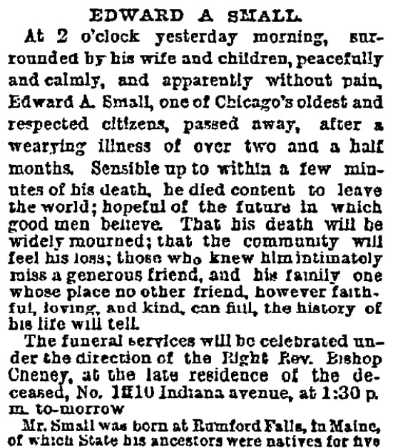 An article about Edward Small, Daily Inter Ocean newspaper article 14 January 1882